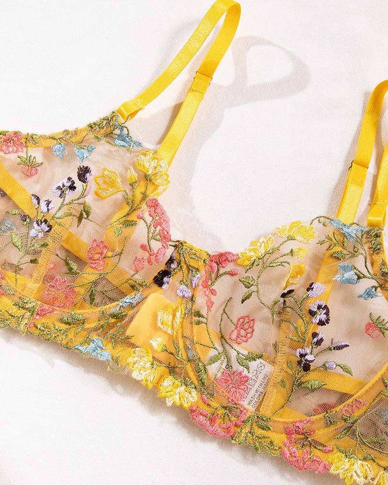 Floral tie-knot bralette with scalloped trim and yellow adjustable straps