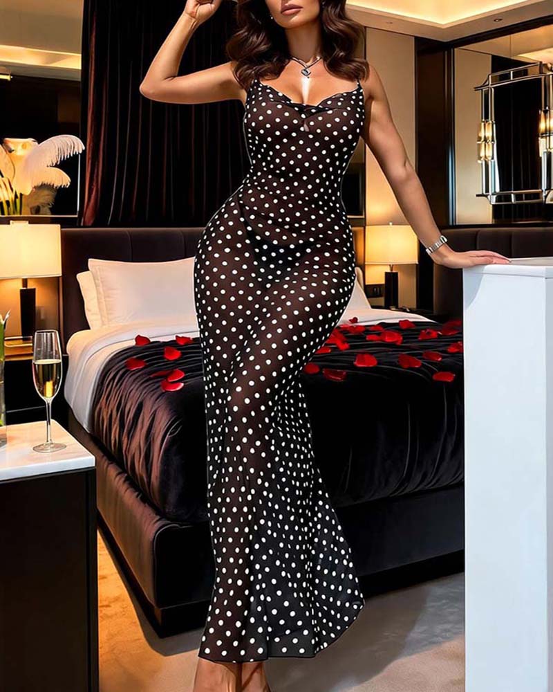 Black polka-dot mini chemise dress with sleeveless deep V and fitted skirt
