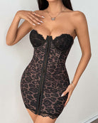 Leopard print lace-trim sleeveless mini chemise with black center-front panel