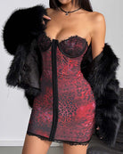 Red leopard print lace mini chemise with black lace bust cups and zipper center panel