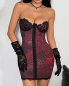 Red leopard print lace mini chemise with black sweetheart cups and lace sleeves