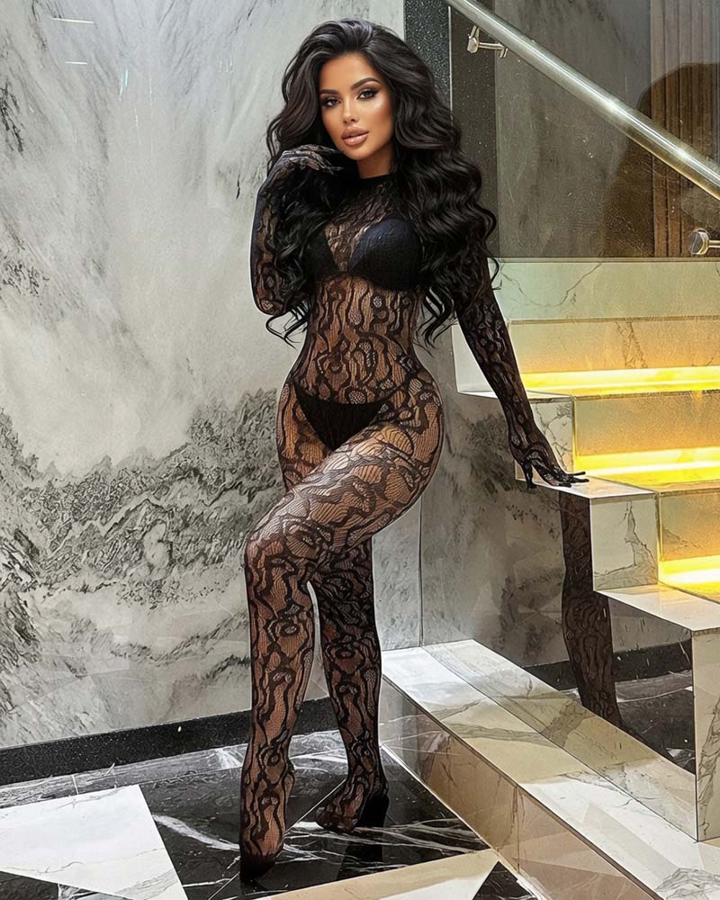Black sheer lace bodysuit with long sleeves and high-cut leg