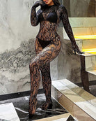 Black sheer lace one-piece bodysuit with long sleeves and high-cut leg