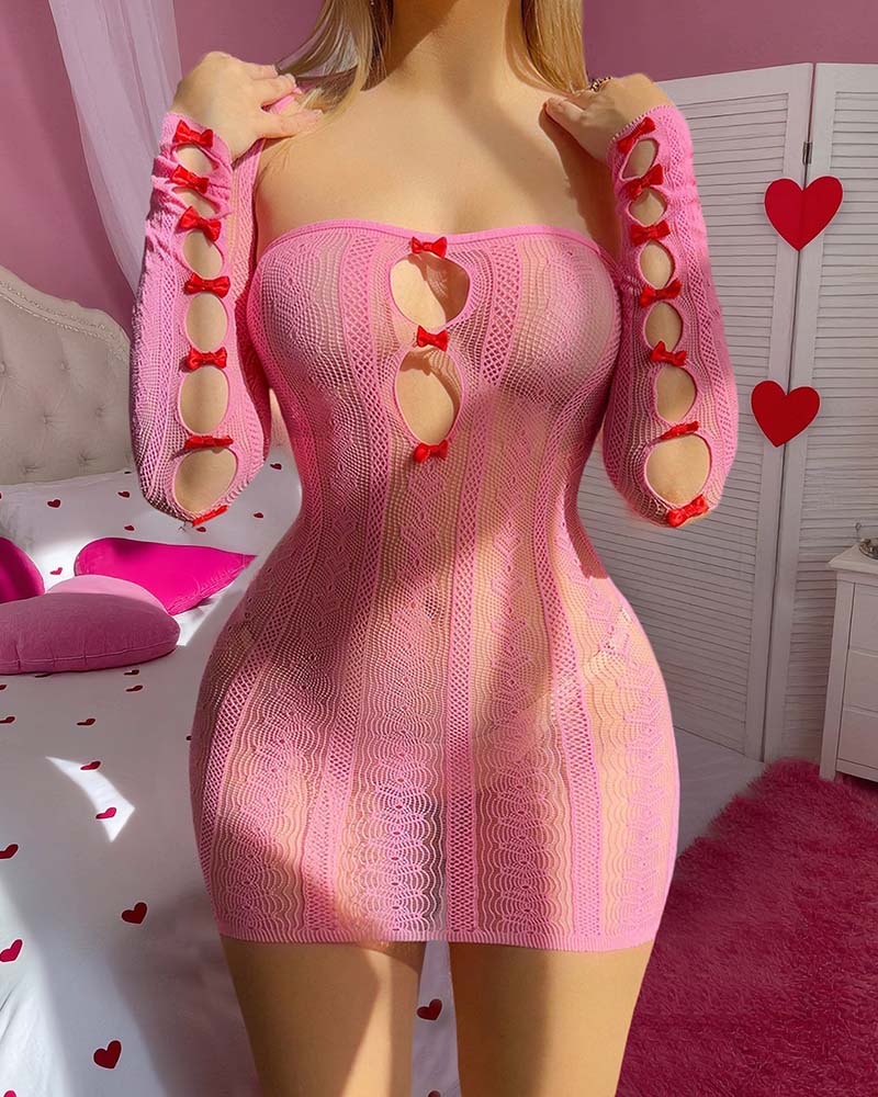Pink mesh chemise with lace trim and decorative cutout front featuring red accents