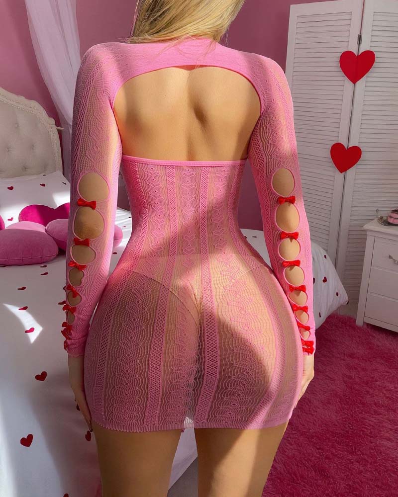 Pink lace chemise back view with open panel and long sleeves with scalloped cuffs