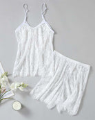 White floral lace camisole and matching lace shorts set with spaghetti straps
