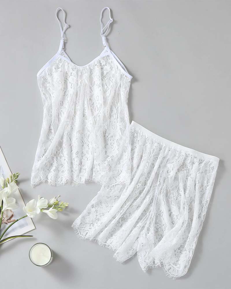 White floral lace camisole and matching lace shorts set with spaghetti straps