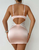 Nude satin mini dress with lace trim and open back cutout with straps