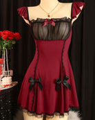 Wine red satin babydoll mini dress with ruffle flutter sleeves and black lace trim