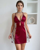 Wine red satin deep V halter mini dress with floral embroidered mesh side panels