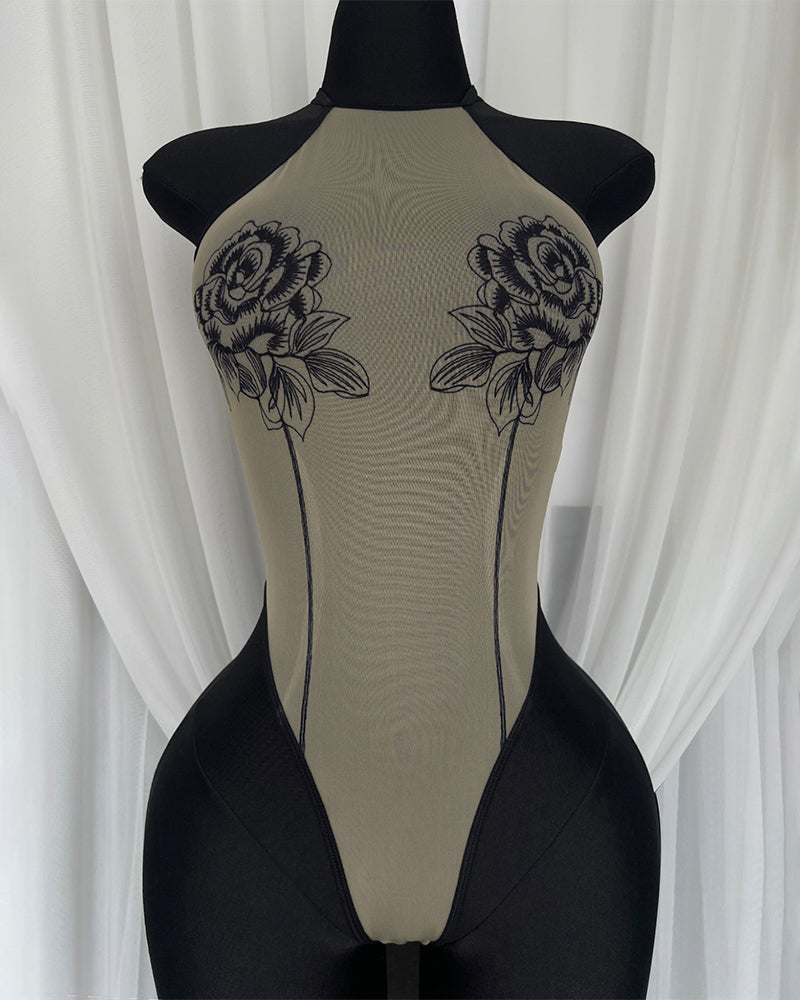 Sheer mesh rose-print bodysuit, black, high neckline with open back
