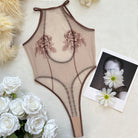 Sheer mesh rose-print bodysuit, blush, high-cut thong silhouette, maroon trim