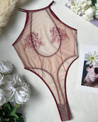 Sheer mesh rose-print bodysuit, blush, maroon trim, sleeveless with open back