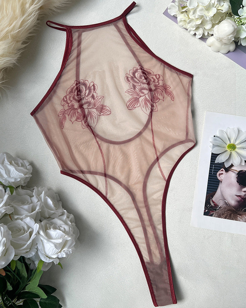 Sheer mesh rose-print bodysuit, blush, maroon trim, sleeveless with open back