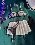 Silver sequin 4-piece lingerie set: underwire bra, pleated skirt, garter straps