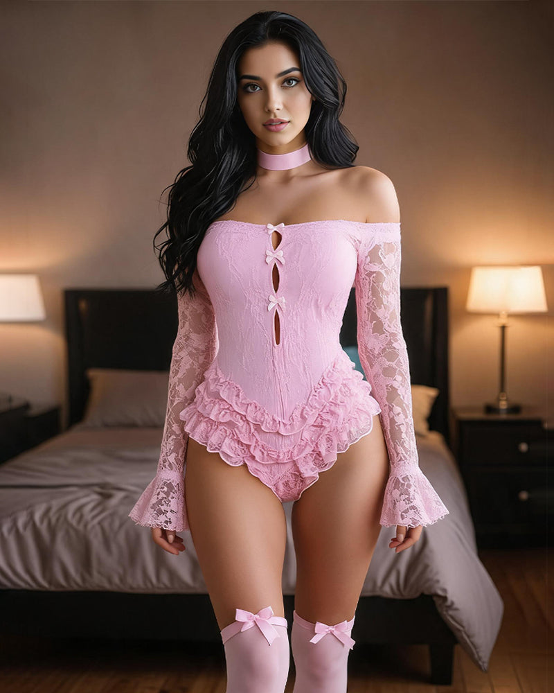 Pink lace off-shoulder bodysuit with ruffle hem and matching bow stockings