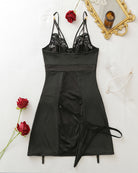 Black satin mini dress with lace straps, gold buckle waist and thong tie
