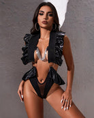 Black shiny bodysuit with silver chain V-neck and ruffled shoulder straps