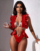 Red ruffled shiny bodysuit with silver chain V-neck and layered shoulder ruffles