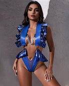 Royal blue shiny bodysuit with silver chain neckline and ruffled sleeves