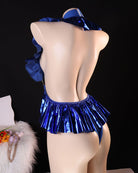 Royal blue ruffled bodysuit with silver chain V-neck and layered shoulder ruffles