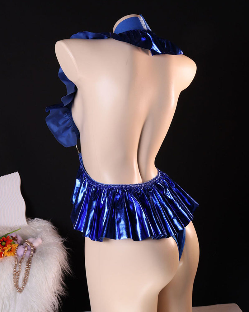 Royal blue ruffled bodysuit with silver chain V-neck and layered shoulder ruffles