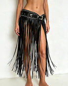 Black PU wrap skirt with long fringe, studded waist belt and metal eyelets