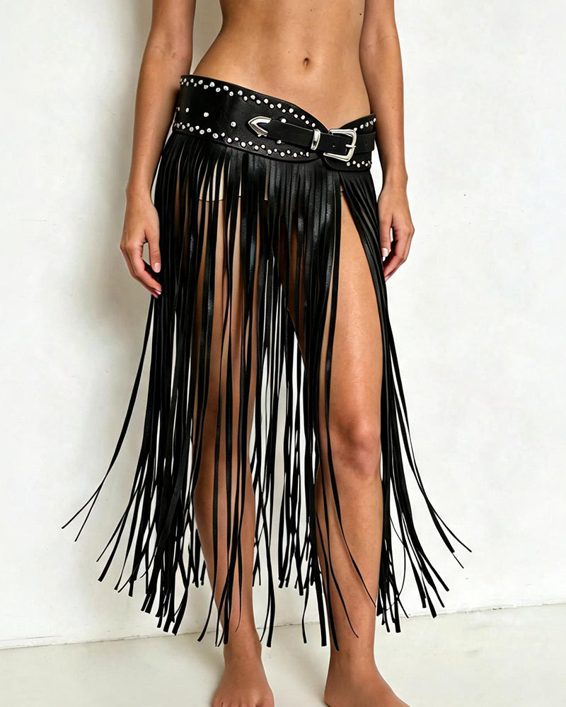 Black PU wrap skirt with long fringe, studded waist belt and metal eyelets