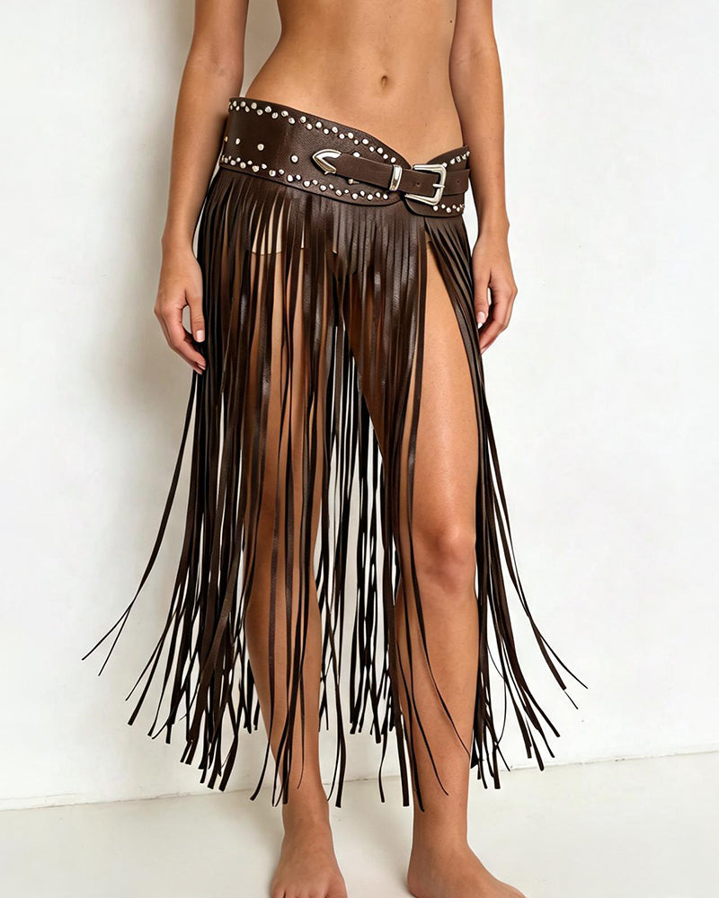 Coffee-brown PU wrap skirt with long fringe and studded waist belt