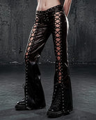 Black PU flared pants with crisscross lace-up front panels and eyelet studs