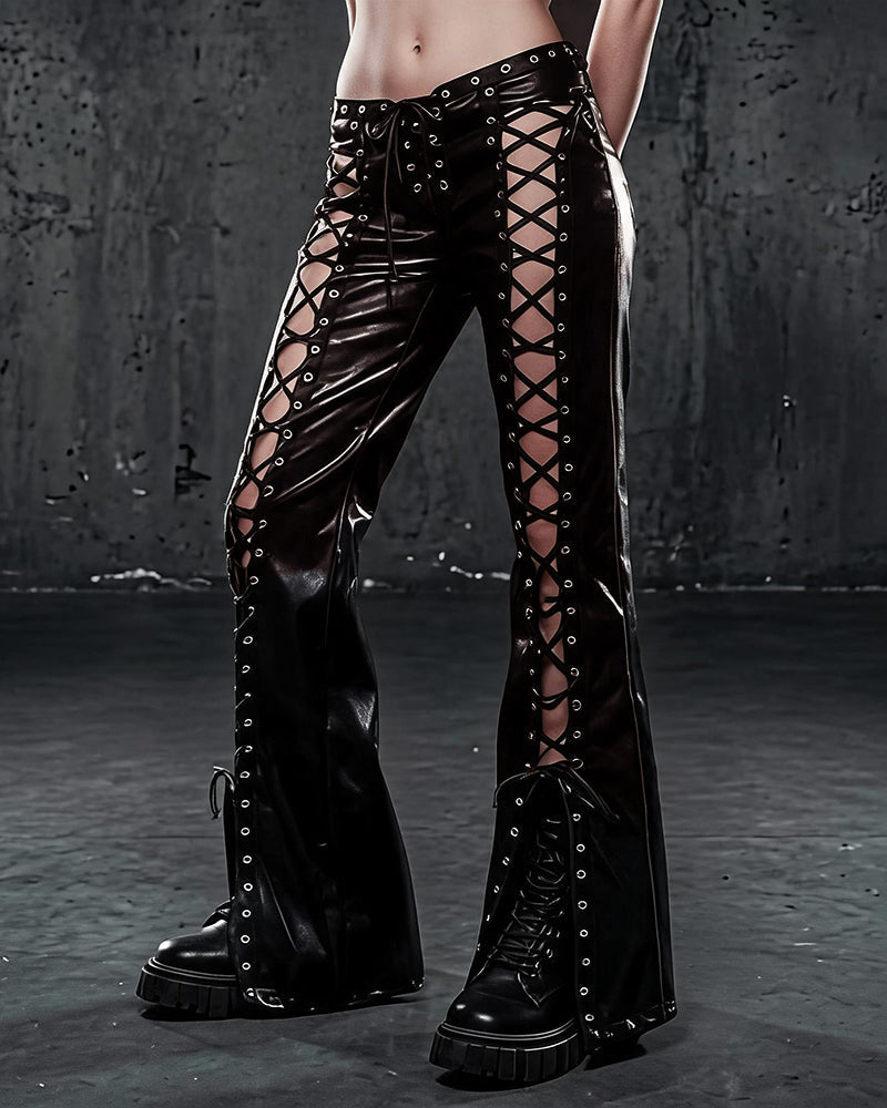 Black PU flared pants with crisscross lace-up front panels and eyelet studs