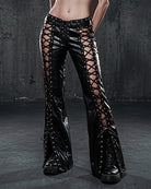 Black glossy flared trousers with side crisscross lace-up detail and eyelet trim