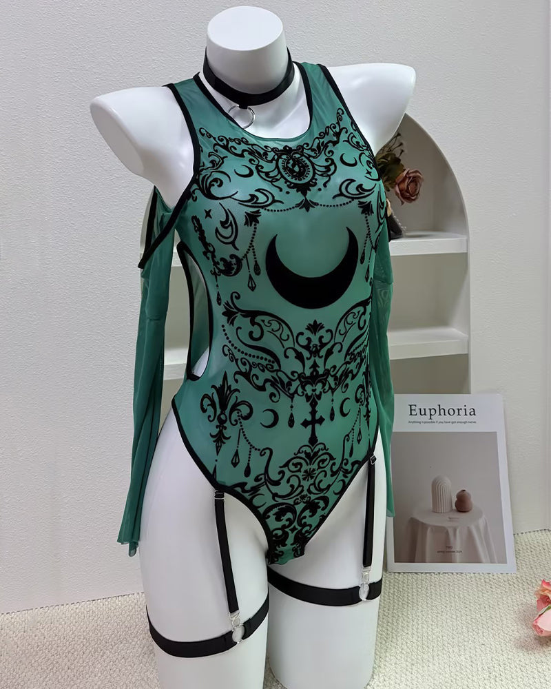 Teal mesh moon-print bodysuit with black garter straps and long sheer sleeves