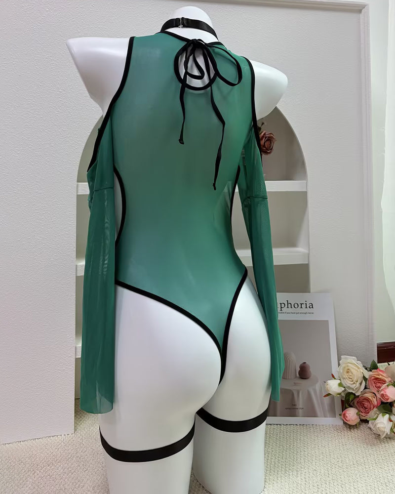 Teal mesh bodysuit back view with black trim, tie-neck ribbon, and thigh garter straps