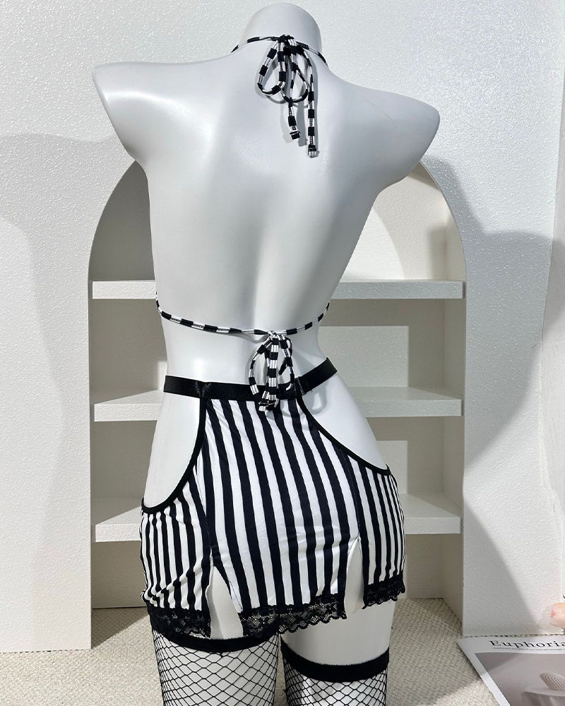 Striped lace-trim lingerie set with tie-back straps, black and white on mannequin
