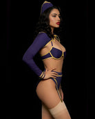 Navy flight attendant lingerie set with underwire bra, garters, stockings, and cap