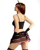 Black backless crop top and mini skirt with pink trim, fingerless gloves, cat-ear headband