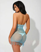 Blue fishnet crochet halter mini dress with open back and fringe hem
