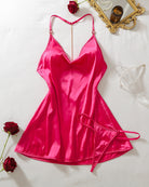 Pink satin mini slip dress set with cowl neckline, thin straps, and matching thong