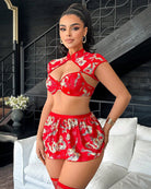 Red dragon-print bra and mini skirt set with cutout bust and matching straps
