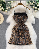 Leopard sequin mini dress on hanger, V-back with spaghetti straps