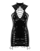Black faux leather turtleneck mini dress with lace-up front cutout, sleeveless