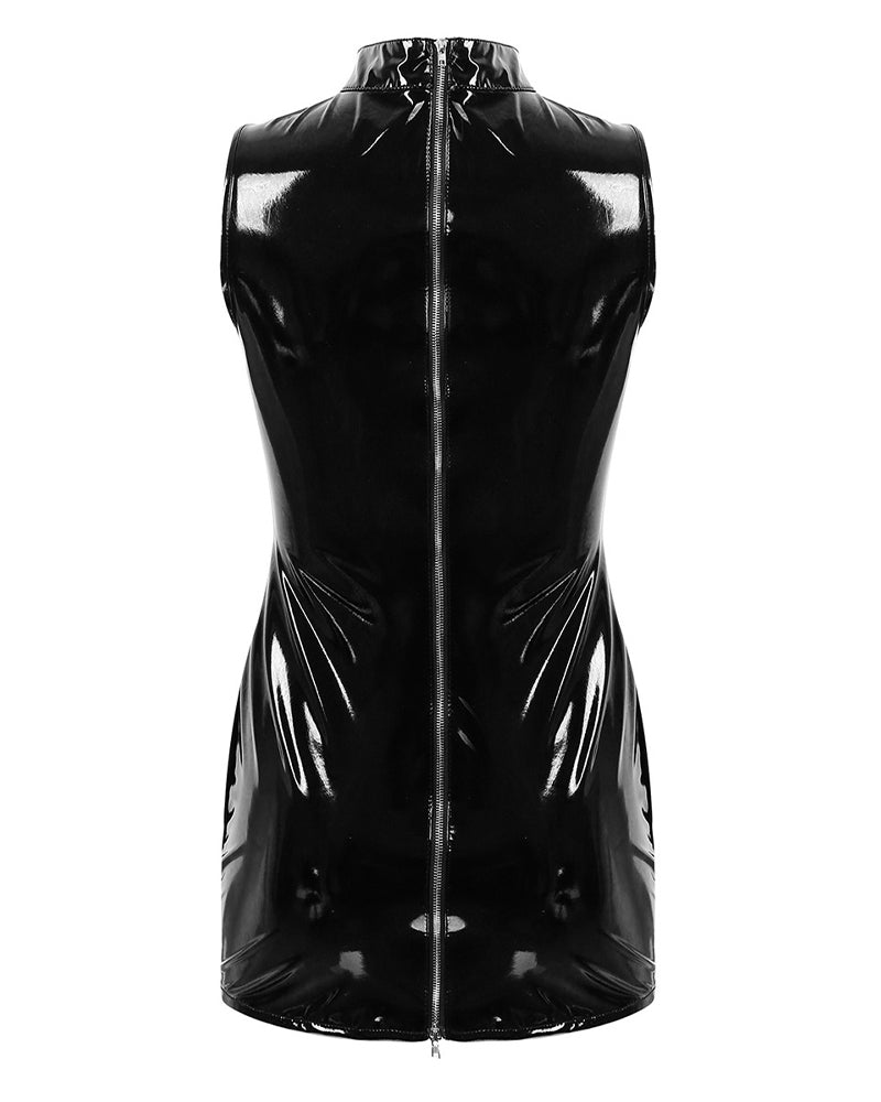 Black faux leather sleeveless mini dress with high turtleneck and center back zipper
