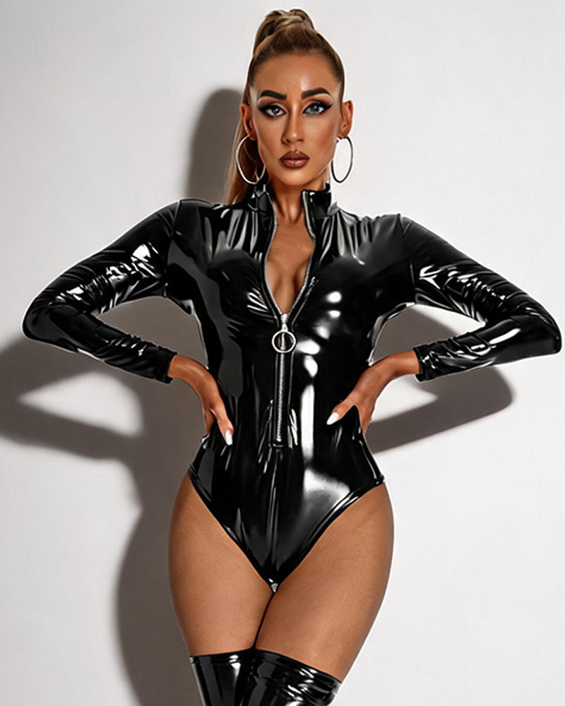 High-shine faux leather zip-front long-sleeve bodysuit, black, ring-pull zipper