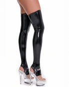 Black faux leather thigh-high stockings with glossy finish