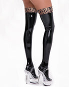Black glossy faux leather thigh-high stockings with leopard print upper edge