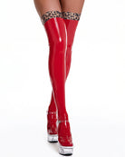 Red glossy faux leather thigh-high stockings with leopard print top band
