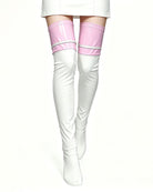 White faux leather thigh-high stockings with pink garter bands