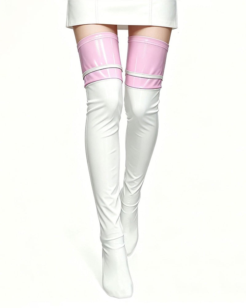White faux leather thigh-high stockings with pink garter bands