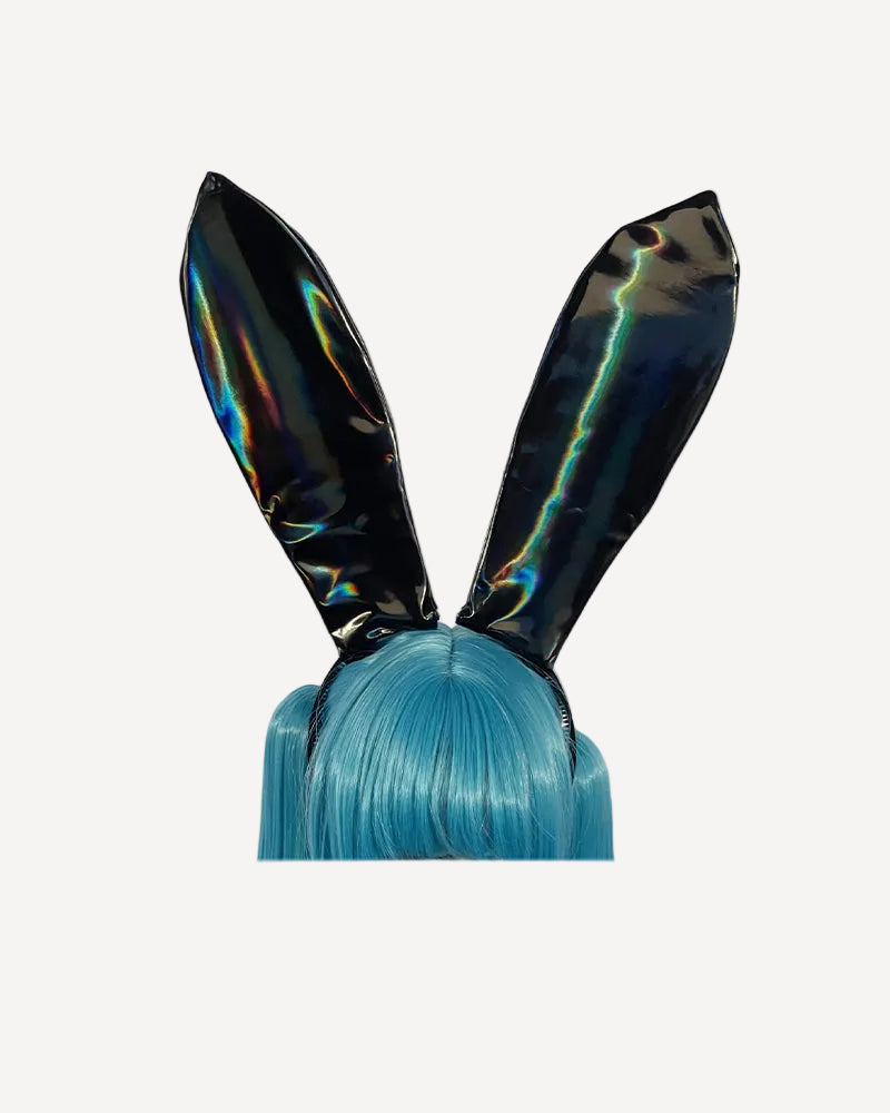 Holographic faux leather bunny ears headband with pointed ears and blue hair tuft